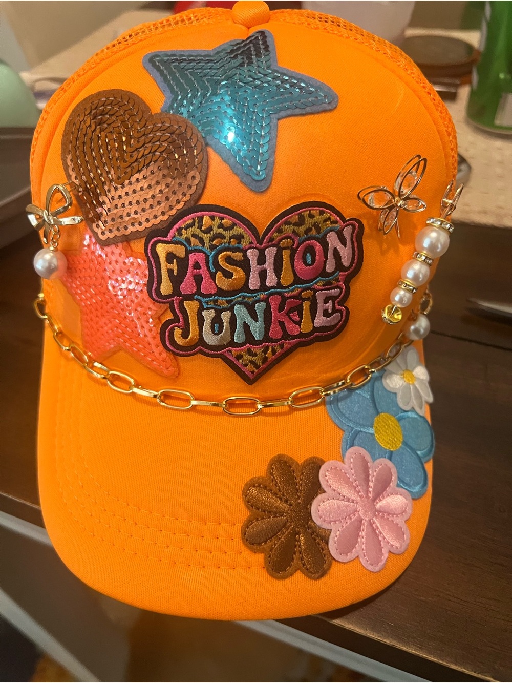 Fashion Junkie Orange Embellished Women's Baseball Cap